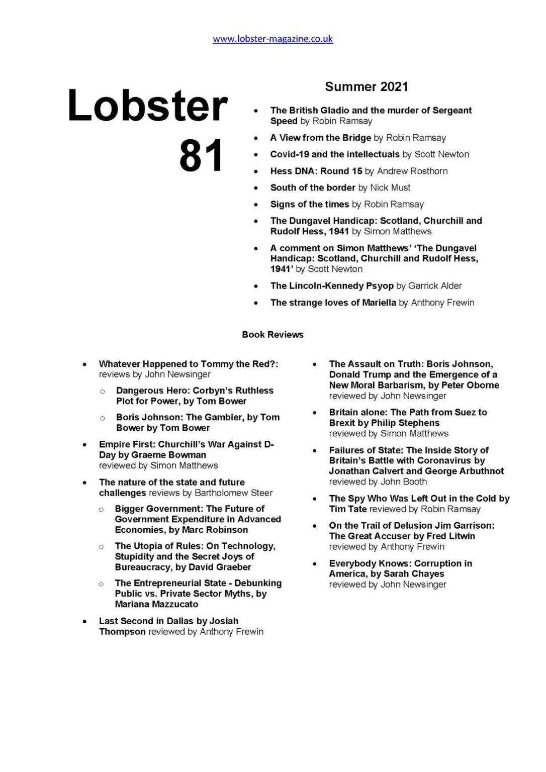 Lobster Issue 81 (Summer 2021) Lobster